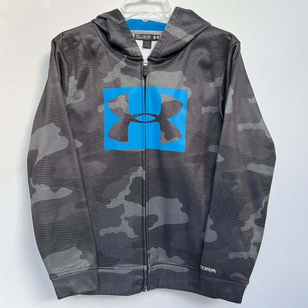 UNDER ARMOUR Boys Full Zip Hoodie Jacket Size XL Dri-Fit Black Camo w/Blue EUC
